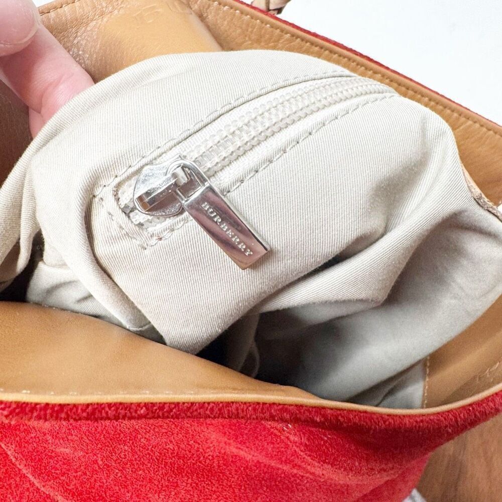 BURBERRY Suede Haymarket Check Horn Toggle Braided Leather Shoulder Bag Red - Picture 11 of 14